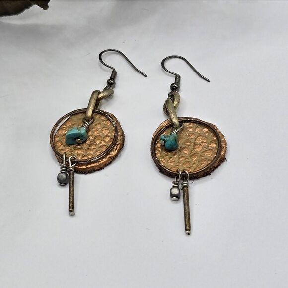"5/$25" Handmade Turquoise Chip Leather Mixed Metal Dangle Earrings 925 Ear Wire - Picture 6 of 6